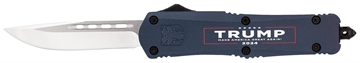 Picture of CobraTec Knives MTRP24BLUDNS FS-3 Trump 2024 Medium OTF Drop Point Plain Satin D2 Steel Blade, 4.50" Blue w/Trump, Make America Great Again Aluminum Cerakoted Handle MTRP24BLUDNS 099654045901