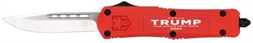 Picture of CobraTec Knives FS-3 Trump 2024 Medium OTF Drop Point Plain Satin D2 Steel Blade, 4.50" Red w/Trump, Make America Great Again Aluminum Cerakoted Handle MTRP24REDDNS