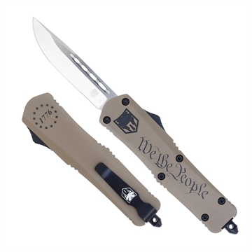 Picture of CobraTec Knives FS-3 We The People Medium 3" OTF Drop Point Plain D2 Steel Blade Tan w/"We The People" Aluminum Cerakoted Handle Features Glass Breaker Includes Pocket Clip MWTPFS3DNS