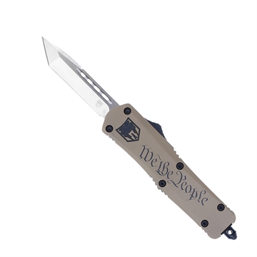Picture of CobraTec Knives FS-3 We The People Medium 3" OTF Tanto Plain D2 Steel Blade Tan w/"We The People" Aluminum Cerakoted Handle Features Glass Breaker Includes Pocket Clip MWTPFS3TNS