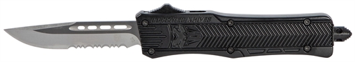 Picture of CobraTec Knives CTK-1 Small 2.75" OTF Drop Point Part Serrated D2 Steel Blade/ Black Aluminum Handle Features Glass Breaker Includes Pocket Clip SBCTK1SDS