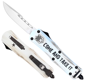 Picture of CobraTec Knives FS-3 Come And Take It Small 3" OTF Drop Point Plain D2 Steel Blade 4.50" White "Come And Take It" Aluminum Cerakoted Handle Includes Glass Breaker/Pocket Clip SCATIFS3DNS