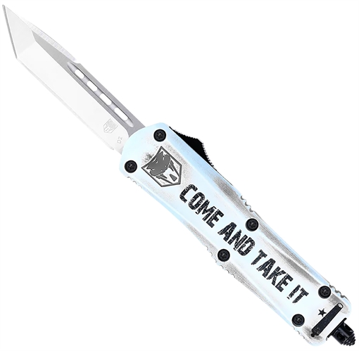 Picture of CobraTec Knives FS-3 Come And Take It Small 3" OTF Tanto Plain Satin D2 Steel Blade, 4.50" White "Come And Take It" Aluminum Cerakoted Handle SCATIFS3TNS