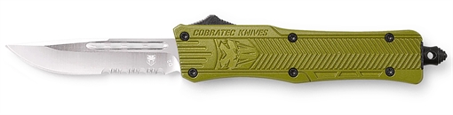 Picture of CobraTec Knives CTK-1 Small 2.75" OTF Drop Point Part Serrated D2 Steel Blade/OD Green Aluminum Handle Features Glass Breaker Includes Pocket Clip SODCTK1SDS