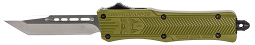Picture of CobraTec Knives CTK-1 Small 2.75" OTF Tanto Plain D2 Steel Blade/OD Green Aluminum Handle Features Glass Breaker Includes Pocket Clip SODCTK1STNS