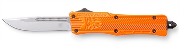 Picture of CobraTec Knives CTK-1 Small 2.75" OTF Drop Point Plain D2 Steel Blade/Orange Aluminum Handle Features Glass Breaker Includes Pocket Clip SORCTK1SDNS
