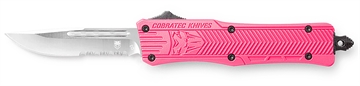Picture of CobraTec Knives CTK-1 Small 2.75" OTF Drop Point Part Serrated D2 Steel Blade/ Pink Aluminum Handle Features Glass Breaker Includes Pocket Clip SPKCTK1SDS