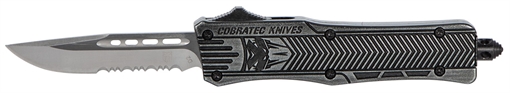 Picture of CobraTec Knives CTK-1 Small 2.75" OTF Part Serrated D2 Steel Blade/Black Stonewashed Aluminum Handle Features Glass Breaker Includes Pocket Clip SSWCTK1SDS