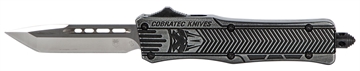 Picture of CobraTec Knives CTK-1 Small 2.75" OTF Tanto Plain D2 Steel Blade/Black Stonewashed Aluminum Handle Features Glass Breaker Includes Pocket Clip SSWCTK1STNS