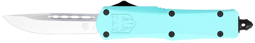 Picture of CobraTec Knives FS-3 Small 2.75" OTF Drop Point Plain D2 Steel Blade, 4.25" Mint Blue Aluminum Alloy Handle STBFS3DNS