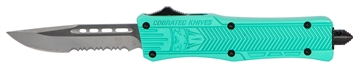 Picture of CobraTec Knives CTK-1 Small 2.75" OTF Drop Point Part Serrated D2 Steel Blade/ Tiffany Blue Aluminum Handle Features Glass Breaker Includes Pocket Clip STFCTK1SDS