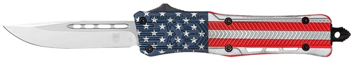 Picture of CobraTec Knives CTK-1 American Flag Small 2.75" OTF Drop Point Plain D2 Steel Blade, 4.25" Red/White/Blue Flag Cerakote Aluminum Alloy Handle SUSACTK1SDNS