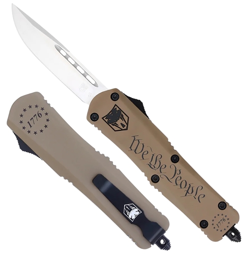 Picture of CobraTec Knives FS-3 We The People Small 2.75" OTF Drop Point Plain Aluminum Cerakoted D2 Steel Blade, Tan "We The People" Aluminum Handle SWTPFS3DNS