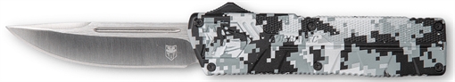 Picture of CobraTec Knives Lightweight 3.25" OTF Drop Point Plain D2 Steel Blade/Winter Digi Camo Aluminum Handle Includes Pocket Clip WDCCTLWDNS