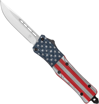Picture of CobraTec Knives CTK-1 American Flag Medium 3" OTF Drop Point Plain D2 Steel Blade, 5" Red/White/Blue Flag Cerakote Aluminum Alloy Handle MUSACTK1MDNS