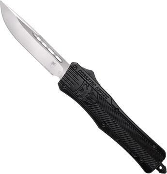 Picture of CobraTec Knives CTK-1 Medium 3" OTF Drop Point Plain D2 Steel Blade/Black Aluminum Handle Features Glass Breaker Includes Side Button MBCTK1MDNS