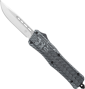 Picture of CobraTec Knives CTK-1 Medium 3" OTF Drop Point Plain D2 Steel Blade/Carbon Fiber Aluminum Handle Features Glass Breaker Includes Pocket Clip MCFCTK1MDNS