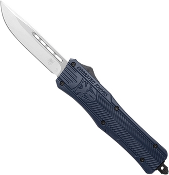 Picture of CobraTec Knives CTK-1 Medium 3" OTF Drop Point Plain D2 Steel Blade/NYPD Blue Aluminum Handle Features Glass Breaker Includes Pocket Clip MNYCTK1MDNS