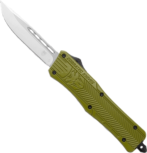 Picture of CobraTec Knives CTK-1 Medium 3" OTF Drop Point Plain D2 Steel Blade/OD Green Aluminum Handle Features Glass Breaker Includes Pocket Clip MODCTK1MDNS