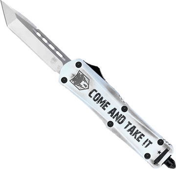 Picture of CobraTec Knives FS-3 Come And Take It 3" OTF Tanto Plain D2 Steel Blade/White w/"Come And Take It" Cerakoted Aluminum Handle Features Glass Breaker Includes Pocket Clip MCATIFS3TNS