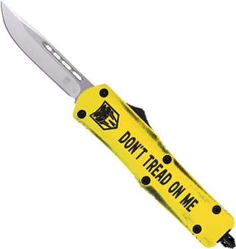 Picture of CobraTec Knives FS-3 Don't Tread On Me Medium 3" OTF Drop Point Plain D2 Steel Blade Yellow w/"Don't Tread On Me" Aluminum Cerakoted Handle Features Glass Breaker Includes Pocket Clip MDTOMFS3DNS
