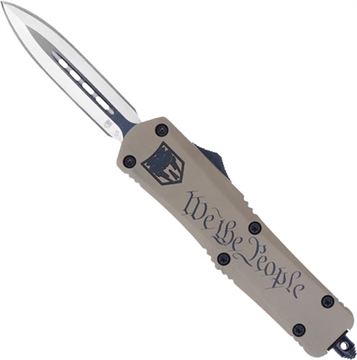 Picture of CobraTec Knives We The People Medium 3" OTF Dagger Plain D2 Steel Blade/Tan w/"We The People" Features Glass Breaker Includes Pocket Clip MWTPFS3DAGNS