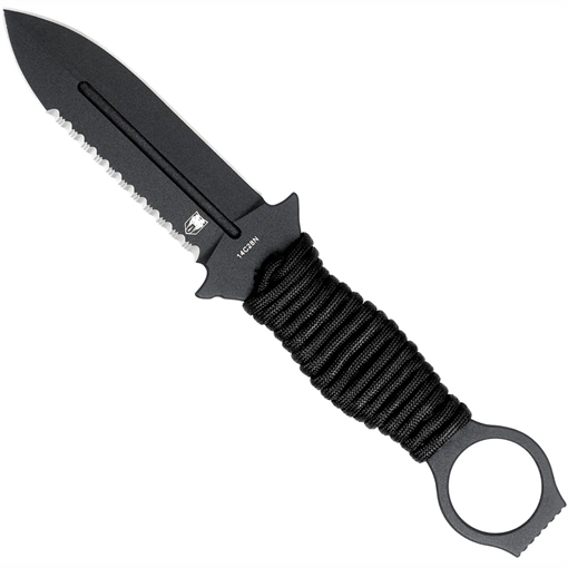 Picture of CobraTec CobraTec Ringed Claymore 1 Side Serrated Dagger Fixed Blade Black CTRCLMDAG1SSBLK 753389273991