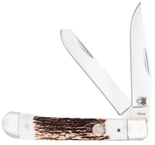 Picture of CobraTec Knives Trapper Folding 2.88" Clip Point, 2.94" Spey Plain Polished VG-10 SS Blades, 4.44" Stag Bone Scales/SS Handle CTTDTRPSTAG
