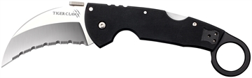 Picture of Cold Steel Tiger Claw 3.50" Folding Hawkbill Serrated Stonewashed American S35VN Blade/6" Matte Black w/Ring G10 Handle Includes Belt Clip CS22KFS