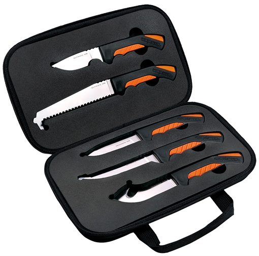 Picture of Cold Steel Hunting Kit Includes Caper Blade, Skinning Blade w/Gut Hook, General Purpose Blade, Boning blade, Bone Saw, Handle & Case CSFXFLDKIT