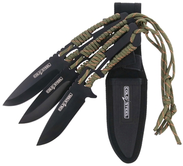Picture of Cold Steel Throwing Knives Set of 3 4.40" Fixed Clip Point Plain Black Oxide 420 Stainless Steel Blade, Paracord Wrap Handle CSTH44KVD3PK