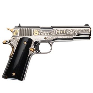 Picture of COLT COLT 1911 GOVERMENT MODEL GAMBLER 45 ACP 5IN BARREL 7RD POLISHED NICKEL ENG W/ GOLD INLAY BLK KIRINITE GRIPS 1 OF 300 CNCGAMBLER CNCGAMBLER