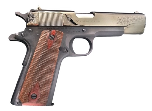 Picture of COLT 1911 GOVERNMENT CLASSIC 45ACP 5IN BARREL 7RD BLACK PAVILION GOLD SCROLLED CX007T O1911C-AUTOPALGOLD CX007T