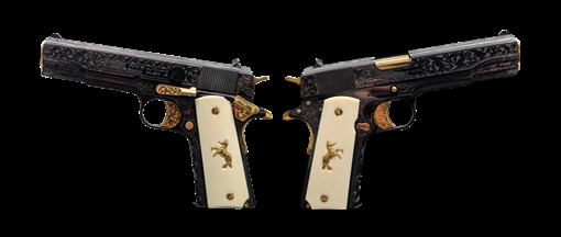 Picture of COLT 1911 GOVT 45ACP DEEP ENGRAVED, GOLD PLATED, IVORY GRIP, UPGRADED ENGRAVED TRIGGER 5" 7+1 BLUED 756542286067 -
