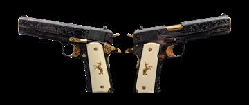 Picture of COLT 1911 GOVT 45ACP DEEP ENGRAVED, GOLD PLATED, IVORY GRIP, UPGRADED ENGRAVED TRIGGER 5" 7+1 BLUED 756542286067 -