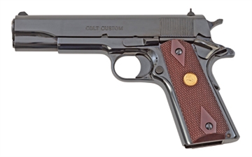 Picture of Colt's Manufacturing Government, 1911, Semi-automatic, Metal Frame Pistol, Full Size, 45ACP, 5" Barrel, Steel, Royal Blue, Wood Grips, White Dot Sights, 7 Rounds, 1 Magazine O1911C-RB O1911CRB