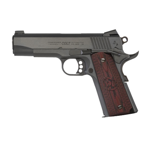 Picture of Colt's Manufacturing Combat Commander, 1911, Semi-automatic, Metal Frame Pistol, Commander Size, 9MM, 4.25" Barrel, Steel, Blued Finish, G10 Checkered Black Cherry Grips, White Dot Carry Novak Sights, 9 Rounds, 1 Magazine O4942XE