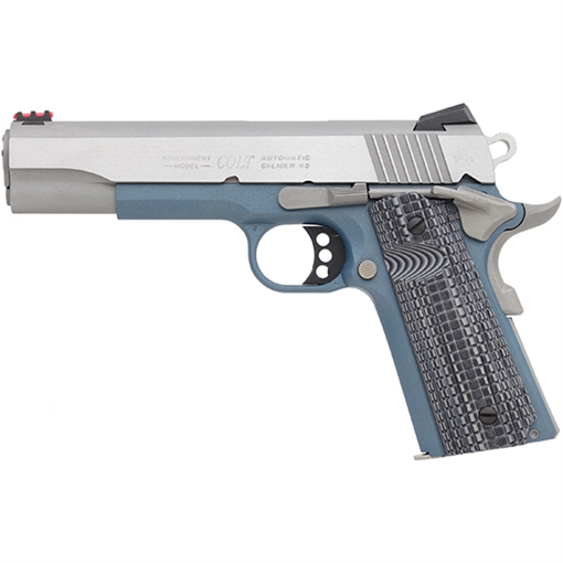Picture of Colt Mfg 1911 Competition 9mm Luger Caliber with 5" National Match Barrel, 9+1 Capacity, Blue Titanium Finish Frame, Serrated Stainless Steel Slide, Gray G10 Grip & 70 Series Firing System O1072CCSBT