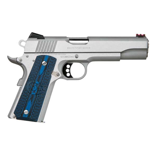 Picture of Colt's Manufacturing Competition SS, Semi-automatic, Metal Frame Pistol, Full Size, 45ACP, 5" Barrel, Steel, Stainless Finish, G10 Checkered Blue Grips, Novak Red Fiber Optic Front Sight, Novak Adjustable Rear Sight, 8 Rounds, 1 Magazine, Series 70 Firing System O1070CCS