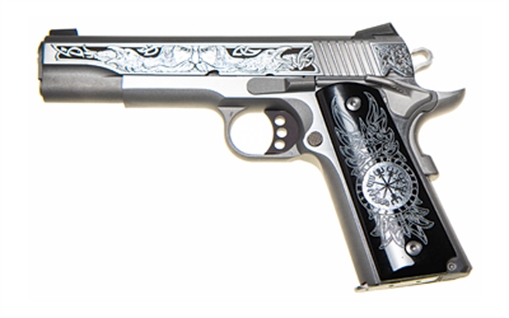 Picture of Colt's Manufacturing Delta Elite, Semi-automatic, 10MM, 5", Silver, 8 Rounds, 1 Magazine, Engraved Slide, Upgraded Black Engraved Grips, Novak White Dot Sights, Stainless Steel O2020XE-ODN