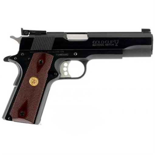 Picture of Colt's Manufacturing Gold Cup National Match, 1911, Semi-automatic, Metal Frame Pistol, Full Size, 38 Super, 5" Barrel, Steel, Blued Finish, Rosewood Grips, Adjustable Target Sights, 9 Rounds O5873A1