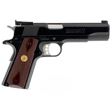 Picture of Colt's Manufacturing Gold Cup National Match, 1911, Semi-automatic, Metal Frame Pistol, Full Size, 38 Super, 5" Barrel, Steel, Blued Finish, Rosewood Grips, Adjustable Target Sights, 9 Rounds O5873A1