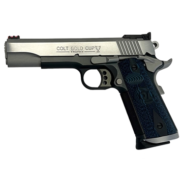 Picture of Colt's Manufacturing Gold Cup Trophy, Series 70, 1911, Semi-automatic, Full Size, 45 ACP, 5" Barrel, Stainless Steel Slide, Blued Finish Frame, G10 Grips, Fiber Optic Front & Adjustable Rear Sights, Extended Magwell, Right Hand, 8 Rounds, 1 Magazine O5970XE-TT O5970XETT
