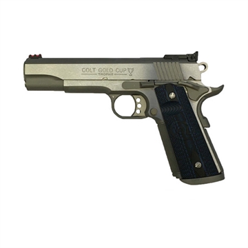 Picture of Colt's Manufacturing Gold Cup Trophy, 1911, Semi-automatic, Metal Frame Pistol, Full Size, 9MM, 5" Barrel, Steel, Stainless Finish, G10 Checkered Blue Grips with Scallop, Bomar Style Rear Sight, 9 Rounds, 1 Magazine O5072XE