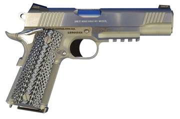 Picture of Colt Mfg 1911 Government 45 ACP 7+1, 5" Stainless National Match Barrel, Serrated Slide & Frame w/Picatinny Rail, Double Diamond Checkered Wood Grip O1070RGZ