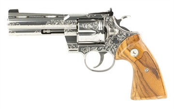 Picture of Colt's Manufacturing Python, Revolver, Double/Single Action, 357 Magnum, 4.25", Silver, Fancy Turkish Walnut Target Style Grips, 6 Rounds, 1:14, C Coverage Expert Level Engraving by John Adams Jr., Harrison Gold Bead Front Sight, Rear Leaf Upgraded Rear Sight, Stainless Steel PYTHON-SP4WTS