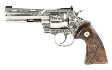 Picture of Colt's Manufacturing Python, Revolver, Double/Single Action, 357 Magnum, 4.25", Silver, Fancy Turkish Walnut Target Style Grips,, 6 Rounds, 1:14, D Coverage Expert Level Engraving by John Adams Jr., Harrison Gold Bead Front Sight, Rear Leaf Upgraded Rear Sight, Stainless Steel PYTHON-SP4WTS