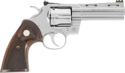 Picture of Colt Mfg PYTHONSP4WFTG Python Target 357 Mag/38 Special 6 Shot 4.25" Polished Stainless Steel Recessed Target Vent Rib Barrel, Cylinder & Frame, Walnut w/Medallion Grip, Exposed Hammer PYTHONSP4WFTG PYTHON-SP4WFT-G