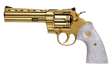Picture of Colt's Manufacturing Python, Revolver, Double/Single Action, 357 Magnum, 5", 24K Gold Frame, 24K Gold Parts, Pearlite Creme Grips With Gold Colt Emblem, 6 Rounds, 1:14, Stainless Steel, Blade Front/Adjustable Rear, Premium Black And Gold Wooden Case With Certificate Of Authenticity PYTHON-SP5WTS