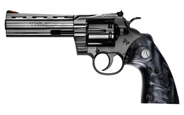 Picture of Colt's Manufacturing Python, Revolver, Double/Single Action, 357 Magnum, 5", Black Chrome Finish, Black Pearlite Grips With Gold Colt Emblem, 6 Rounds, 1:14, Stainless Steel, Blade Front/Adjustable Rear, Premium Black And Gold Wooden Case With Certificate Of Authenticity PYTHON-SP5WTS
